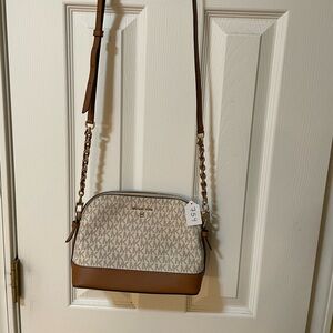 Michael Kors MK Signature Dome Brown and Cream Crossbody Bag w/chain strap